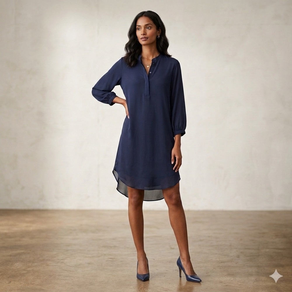 Acrobat‎ Navy Blue 100% Silk 3/4 Sleeve Tunic Shift Dress Womens Medium RN